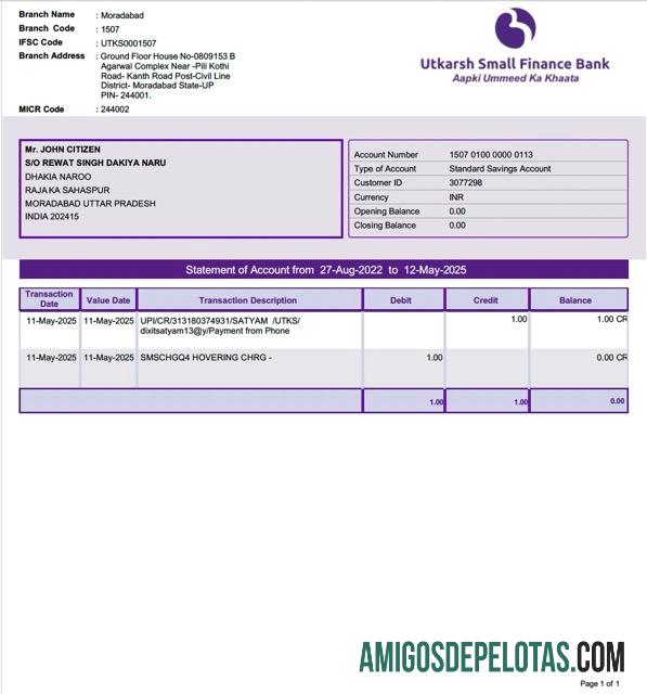 Extrato de conta do banco India Utkarsh Small Finance para download, modelo Word e PDF